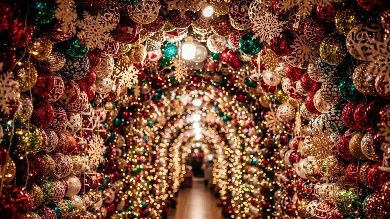 Tunnel adorned with colorful Christmas baubles and snowflakes, illuminated by warm glowing lights, creating a festive ambiance.