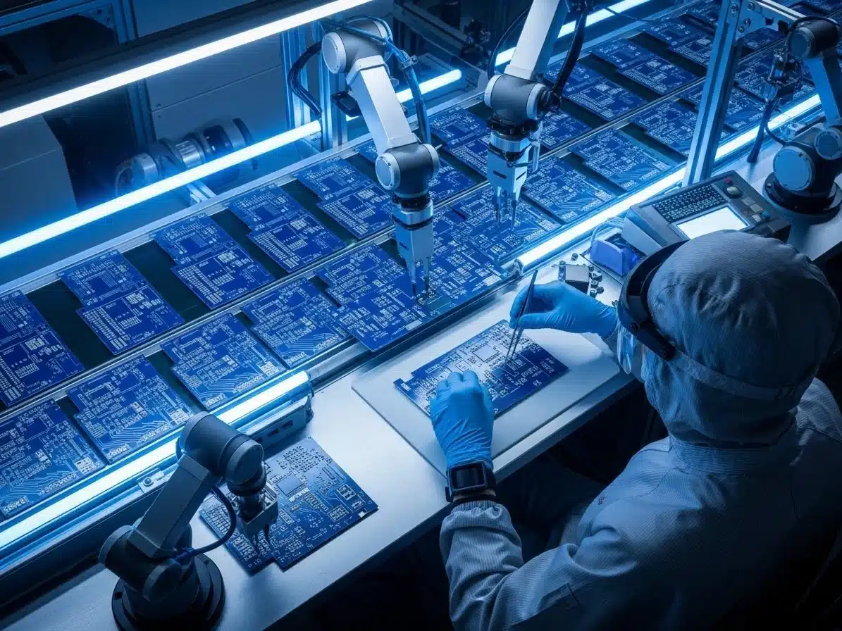 Technician in protective clothing and gloves assembling circuit boards with robotic arms on a factory production line.