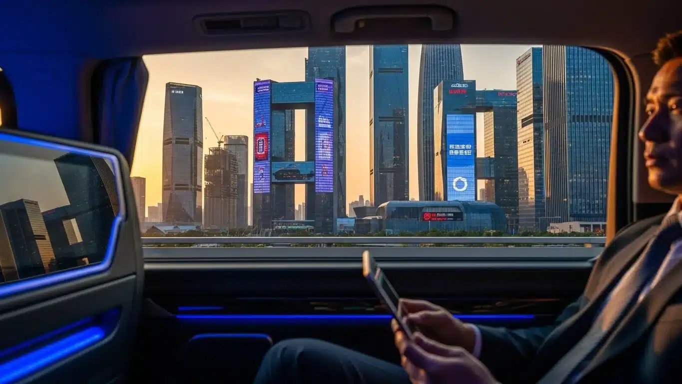 Distant view of a cityscape with tall skyscrapers seen from a car window, as a person sits inside interacting with a smartphone.