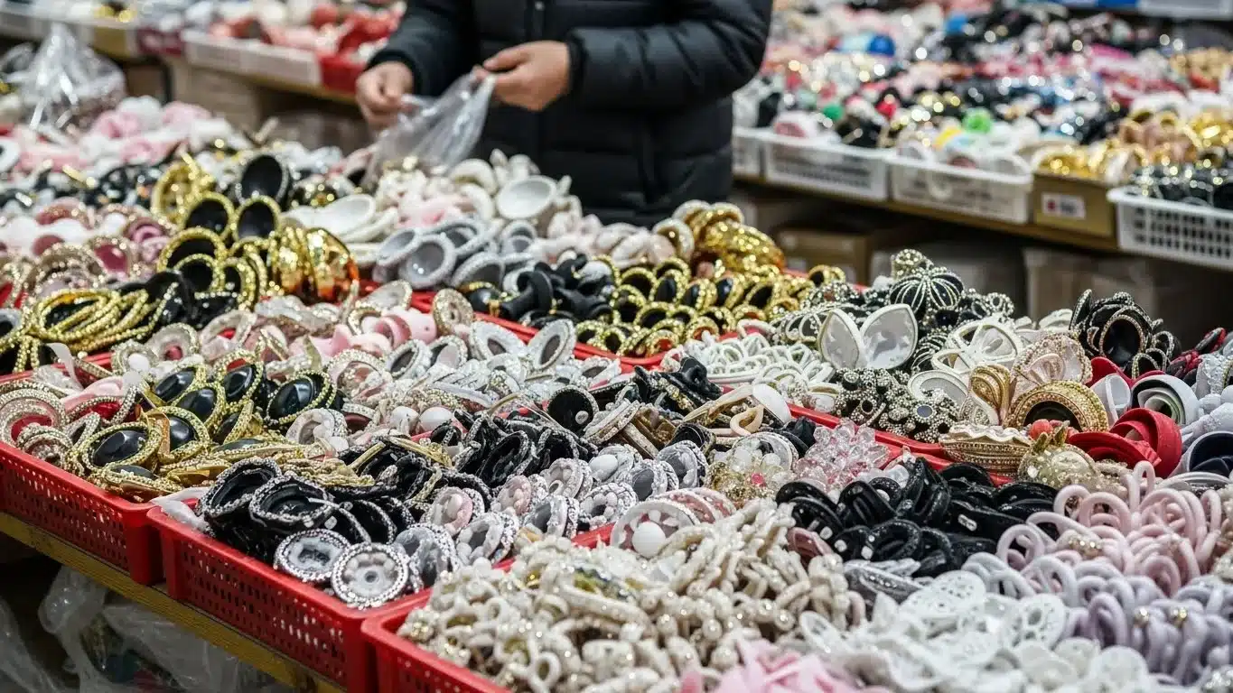 Colorful fashion accessories at a Yiwu market stall