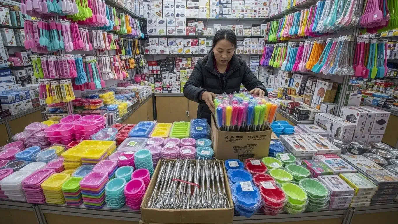 Various colorful kitchenware items including spatulas, dishes, and utensils neatly displayed in a small market store.