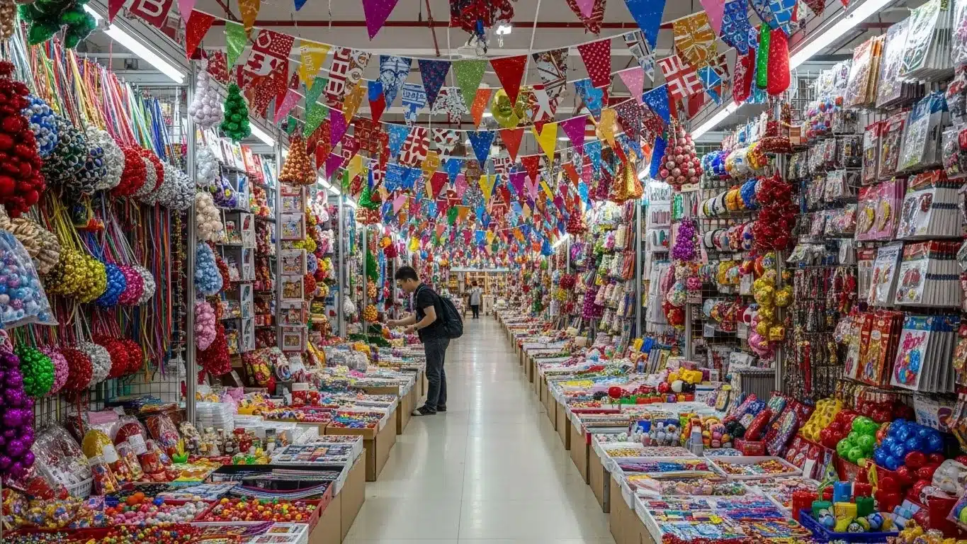 A wide aisle in a store filled with vibrant party supplies like balloons, decorations, and flags hanging from the ceiling.