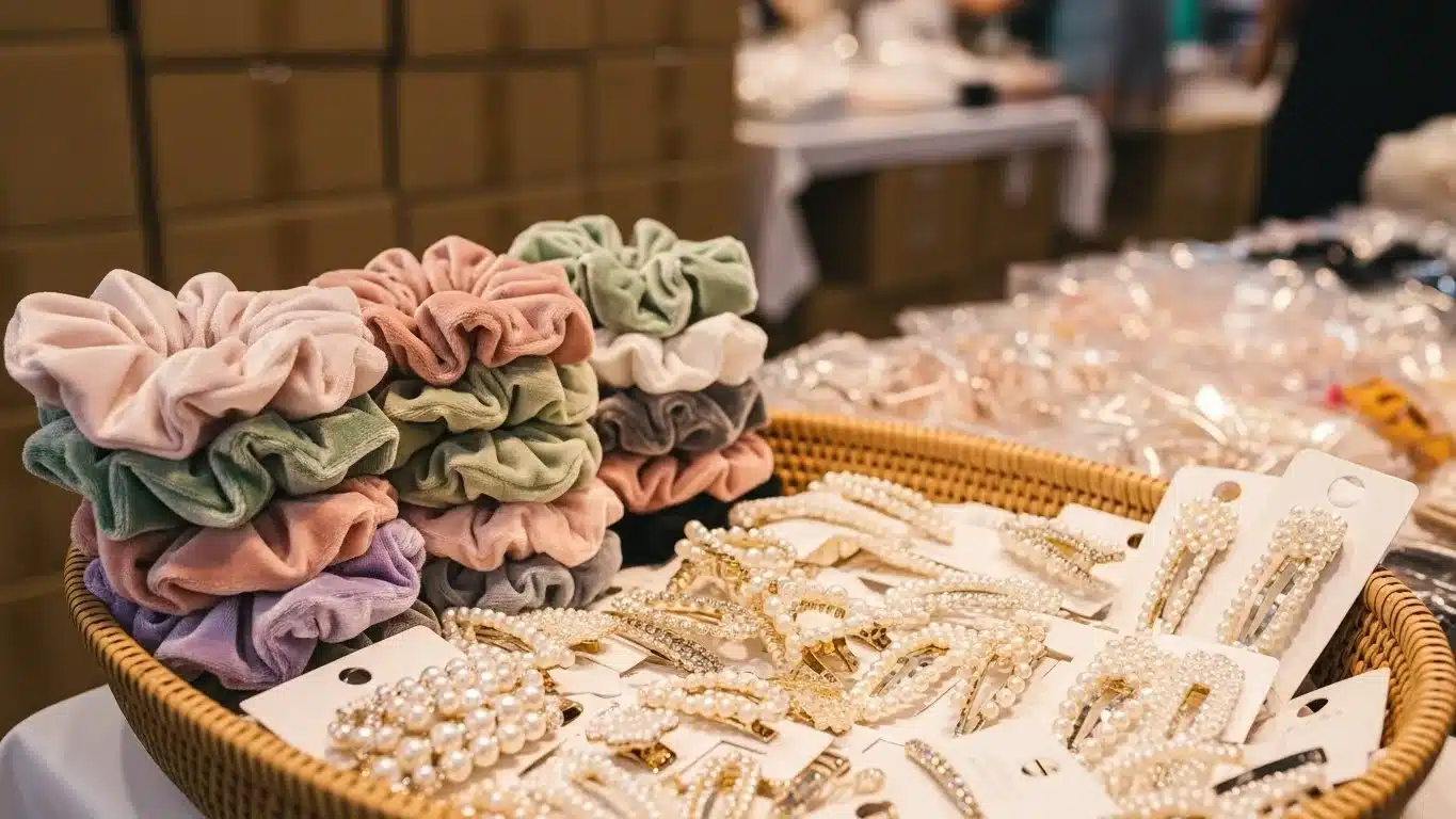 A basket filled with colorful fabric scrunchies and pearl-adorned hairpins neatly displayed on a market table.