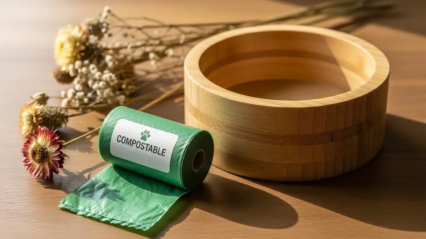 A green compostable bag roll with a printed label next to a wooden bowl and dried flowers on a sunlit table.