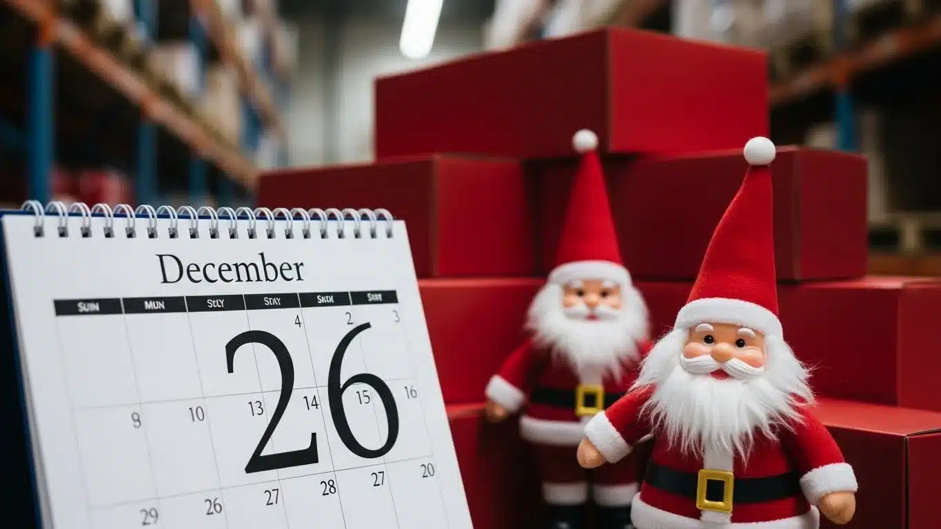 Desktop calendar displaying December 26th alongside two Santa Claus figures, set against a background of stacked red gift boxes.