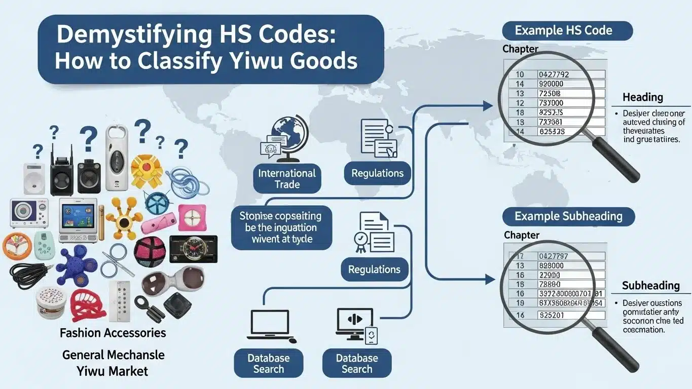 Infographic explaining how to classify Yiwu goods using HS codes, featuring magnified examples of code tables and various items.