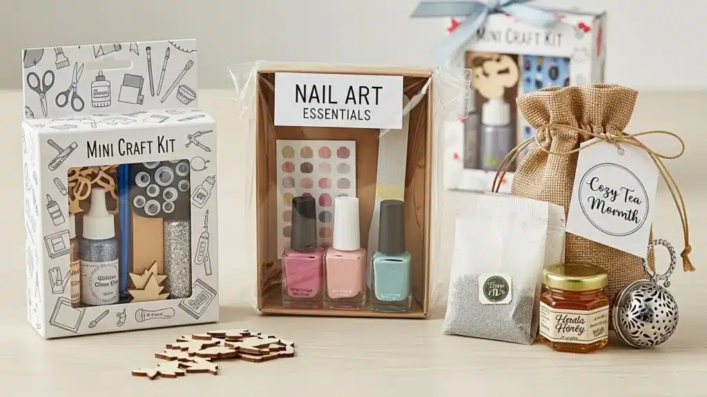 A collection of DIY sets including a mini craft kit, nail art essentials, and a cozy tea package with honey and infuser.