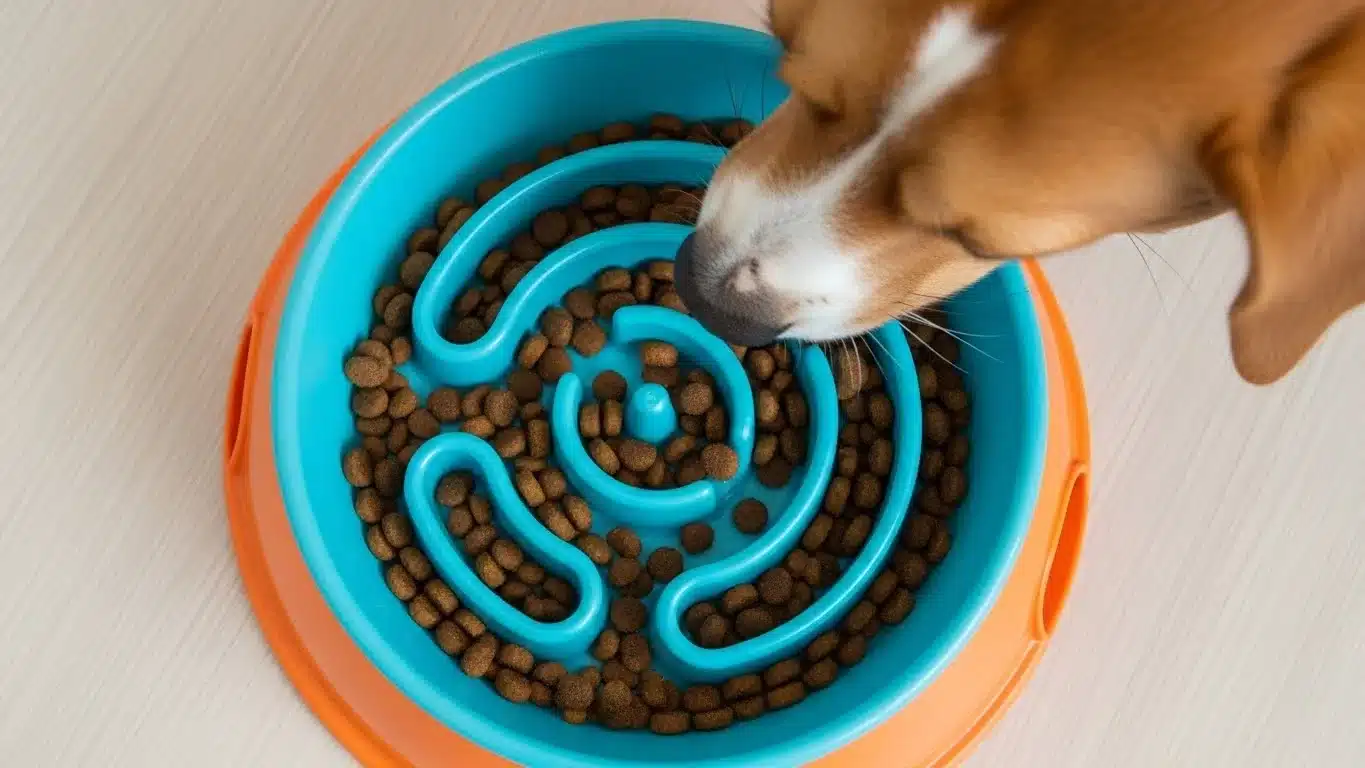 Dog eating kibble from a blue slow feeder bowl with maze design, placed on a light-colored floor.