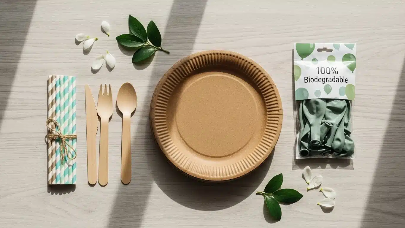 Biodegradable items including paper straws, wooden cutlery, a cardboard plate, and balloons arranged on a wooden surface.