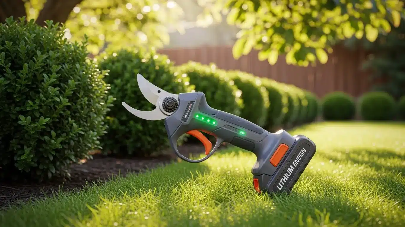 Electric pruning shears with LED indicators resting on vibrant green grass in a well-maintained garden with trimmed bushes and a wooden fence in the background.