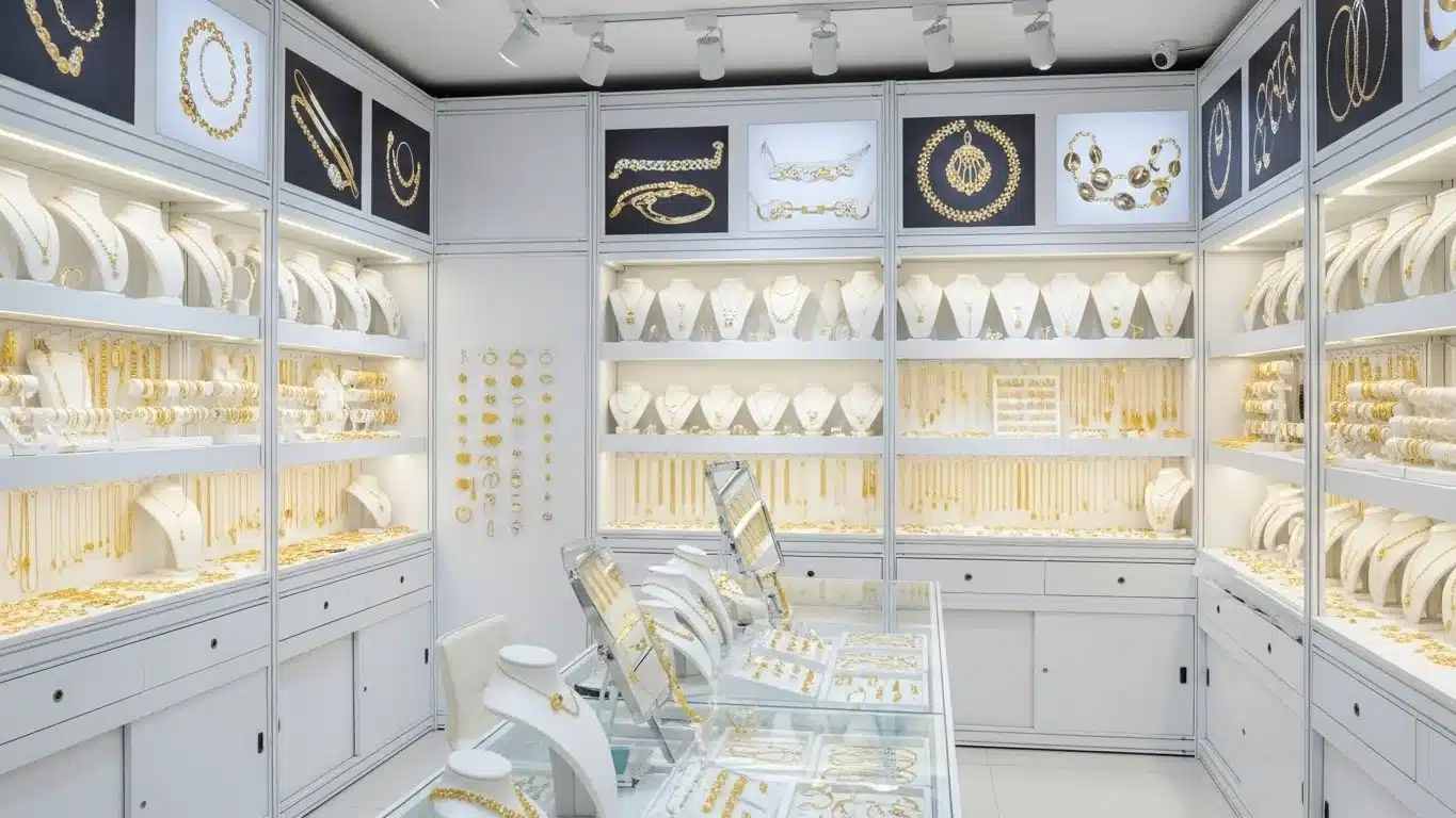 Interior of a jewelry store with white cabinets showcasing gold necklaces, bracelets, and earrings neatly arranged and displayed.