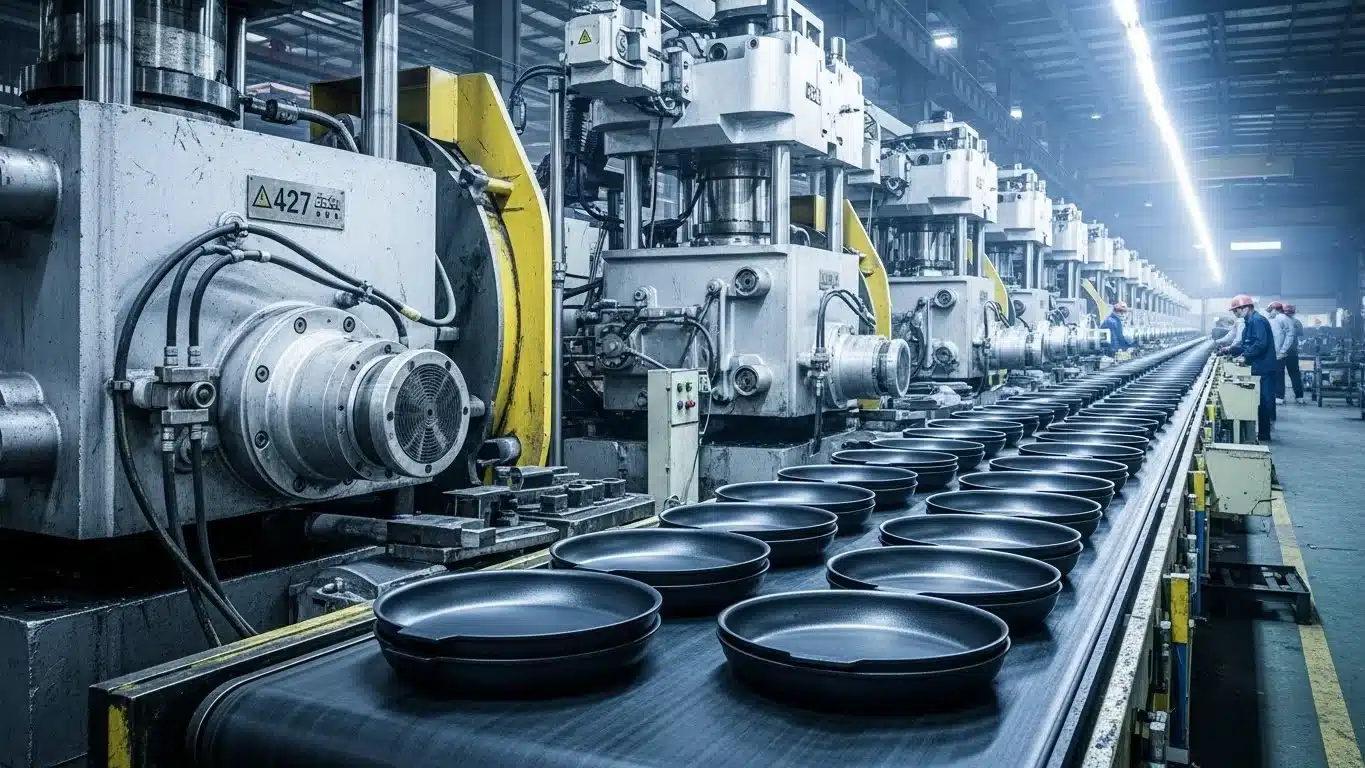 Conveyor belt in a factory carries unfinished pans through industrial machinery, with workers wearing helmets in the background.