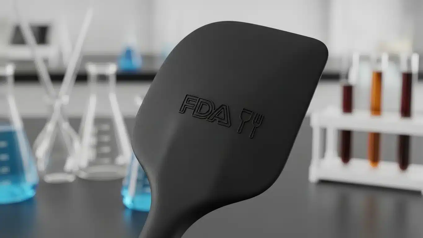 Black spatula with FDA logo prominently displayed, set against a backdrop of laboratory beakers and test tubes filled with colored liquids.