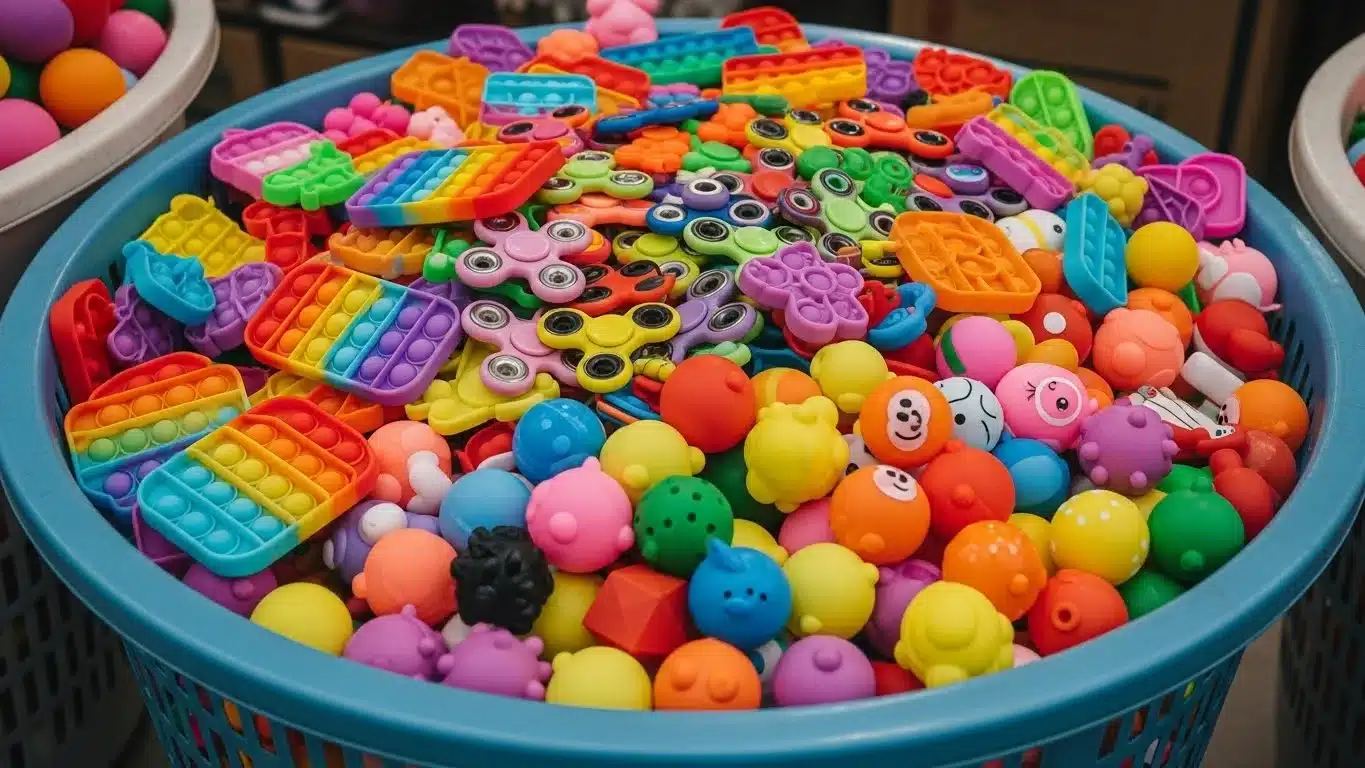 A blue basket filled with various colorful fidget toys including pop-its, stress balls, and spinners, arranged in an appealing manner.