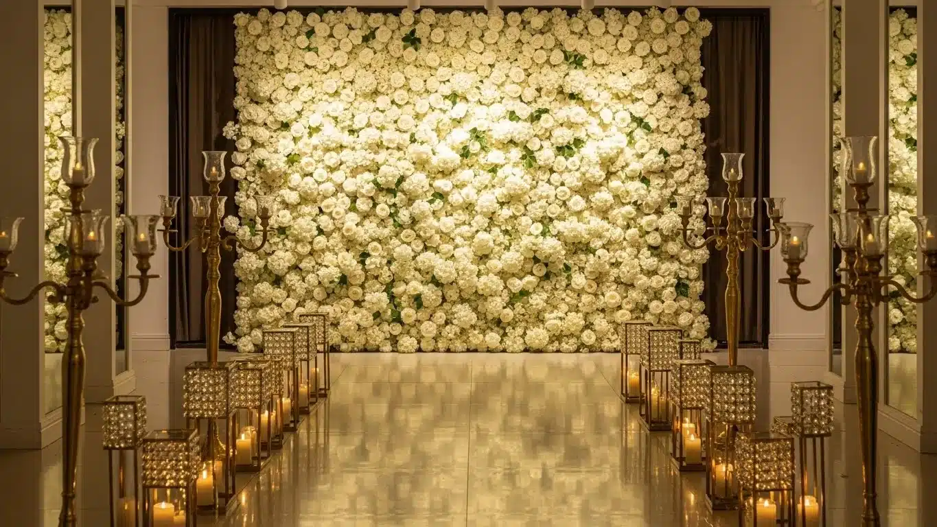Elegant venue with a white flower wall and rows of golden candelabras with lit candles, creating a warm ambiance.