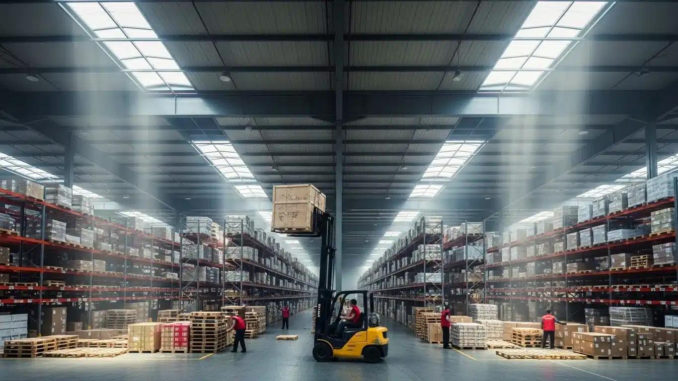 Yellow forklift lifting a wooden crate in a spacious warehouse with organized shelves and employees in red uniforms managing inventory.