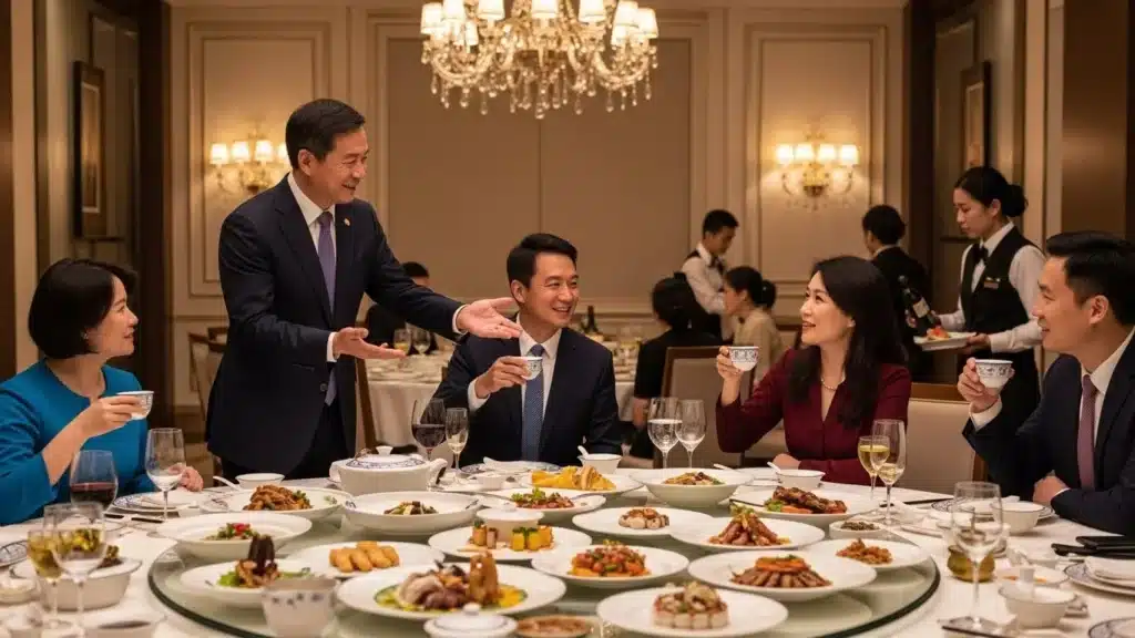 A formal dinner gathering with elegantly dressed individuals seated around a table filled with various dishes, in a chandelier-lit room.