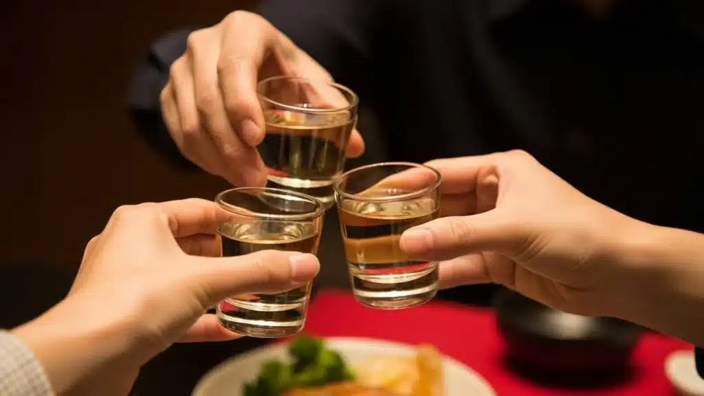 Four hands holding shot glasses, toasting over a table with food, celebrating a moment together.