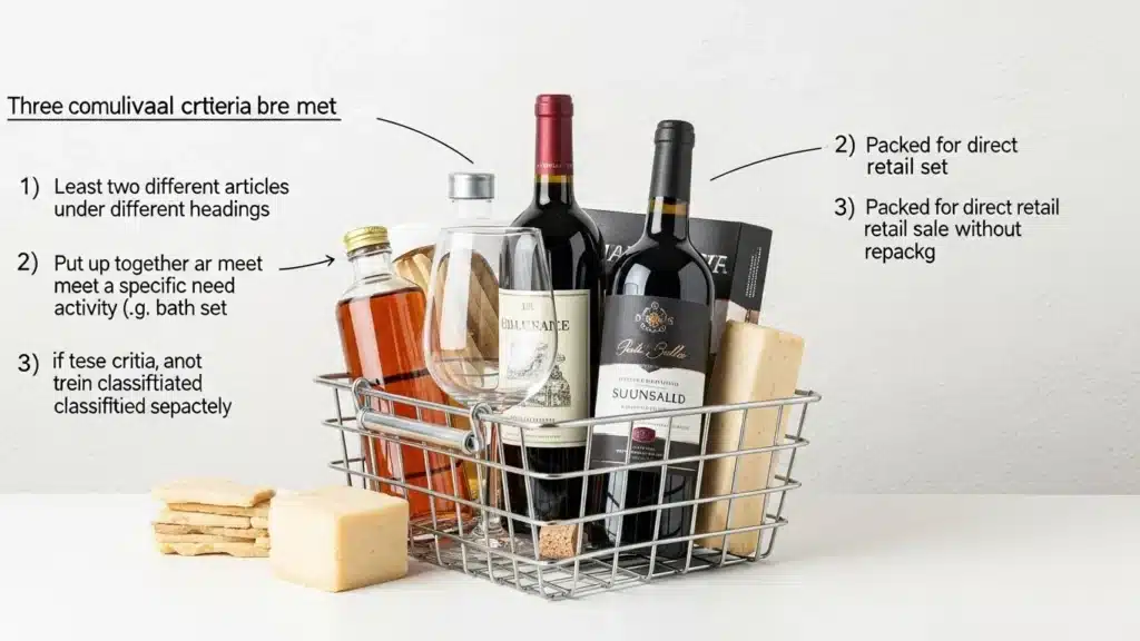 Metal basket containing wine bottles, glasses, spirits, cheese, and crackers, alongside packaging criteria notes.