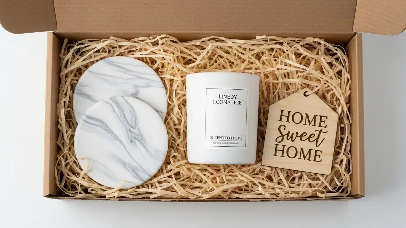 Gift box containing two marble coasters, a white scented candle labeled 'Linedy Sconatice Scuented Home', and a wooden 'Home Sweet Home' sign on straw packaging.
