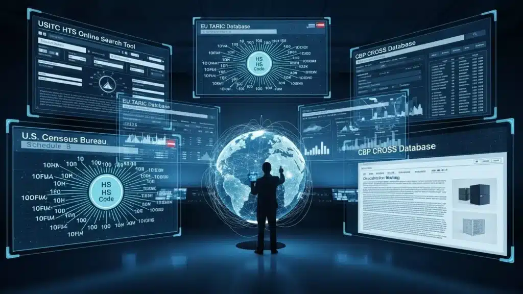 Person interacting with multiple data analytics screens displaying global information and databases around a digital globe.