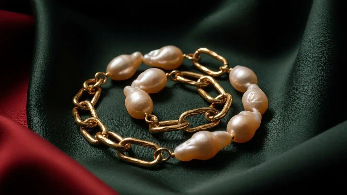 Gold chain necklace with baroque pearls resting on dark green satin fabric, creating a luxurious appearance against the rich backdrop.