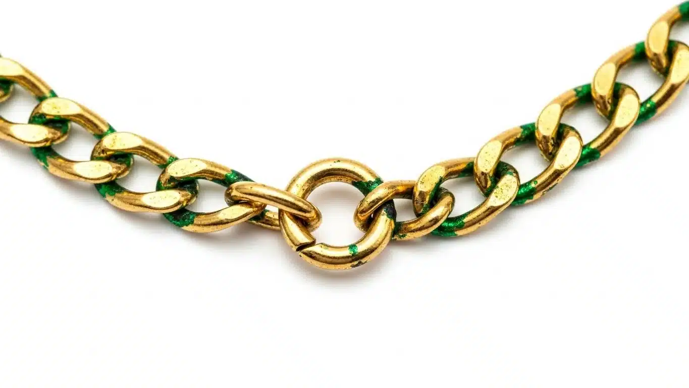 Close-up of a gold link necklace chain with green accents on a white background.