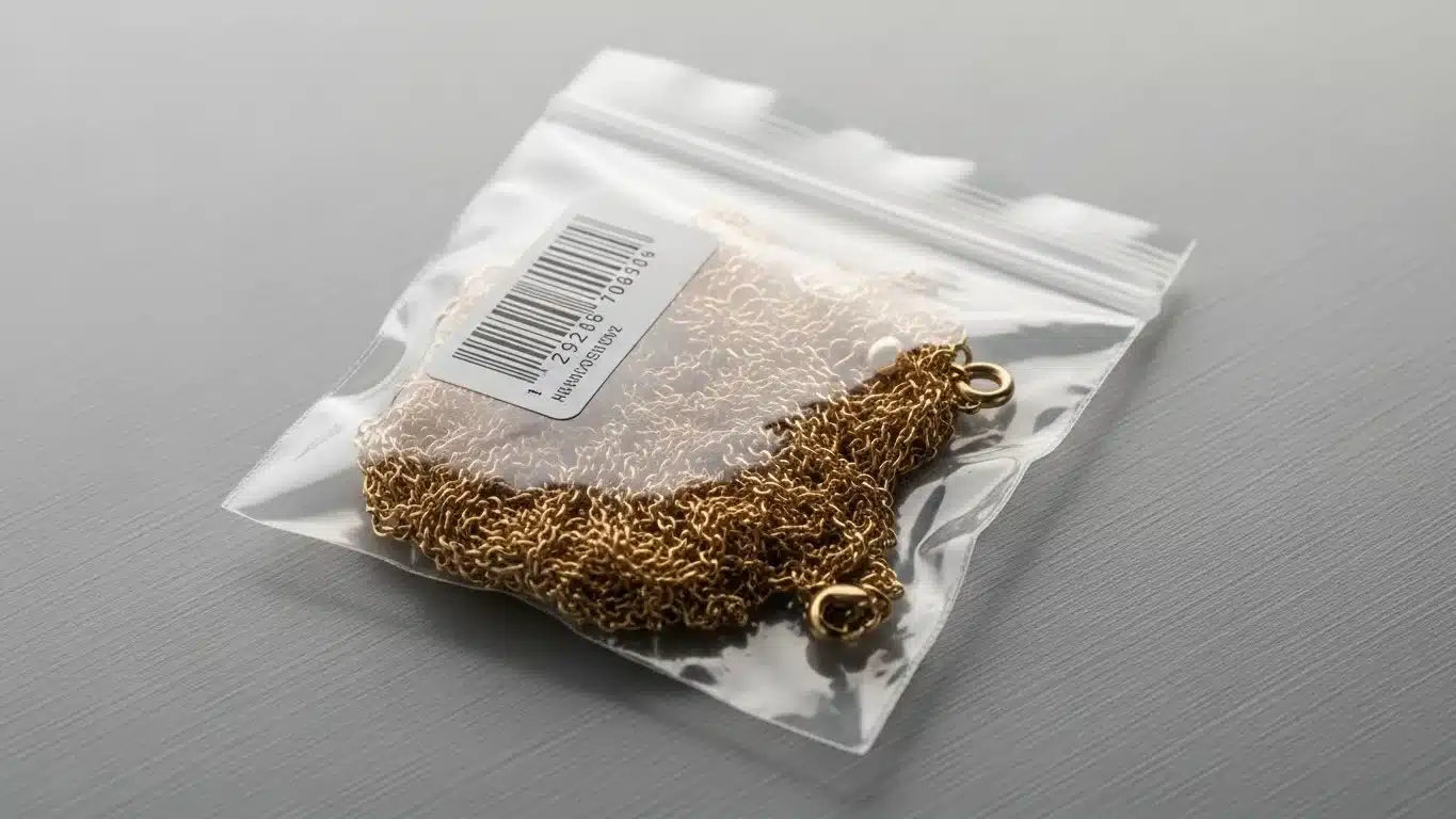 Close-up of a golden chain sealed in a transparent plastic bag with a barcode sticker, placed on a smooth gray surface.