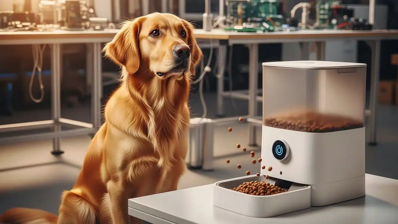 Golden retriever attentively watching kibble dispense from an automatic pet feeder in a tech workshop setting.