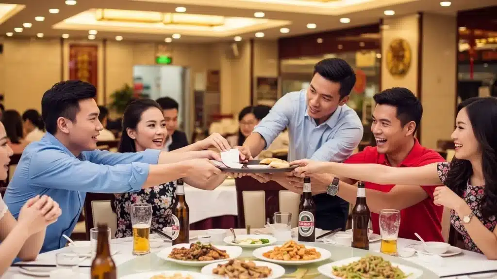 People at a restaurant reaching for dishes on a table set with food and drinks, in a warm, social setting.