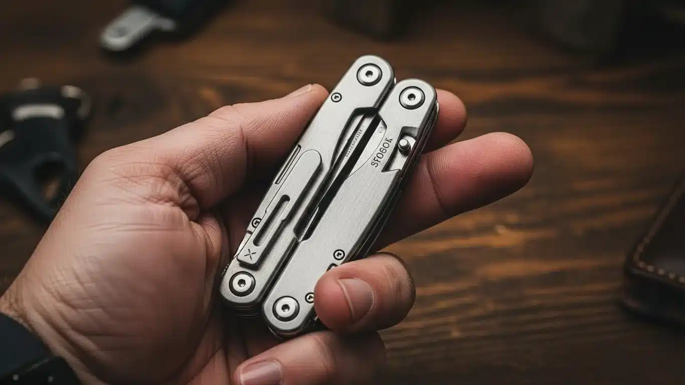 A person's hand holding a compact stainless steel multi-tool on a wooden surface.