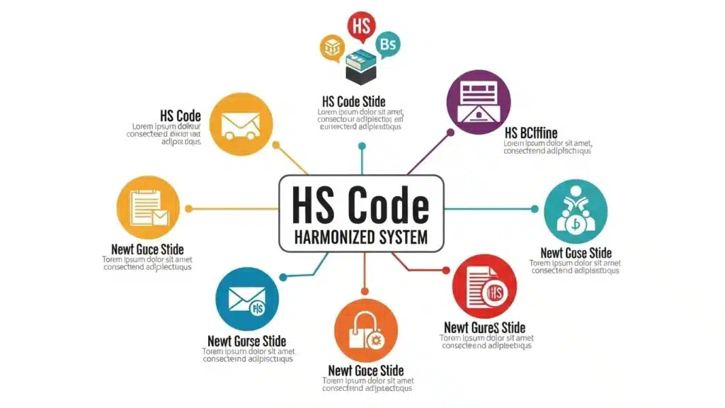 Infographic showing HS Code Harmonized System concept with interconnected icons and placeholder text.