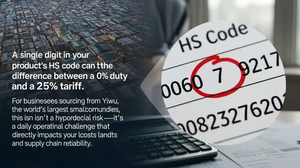 Aerial view of Yiwu market with overlay text about HS code affecting tariffs, highlighting supply chain challenges.