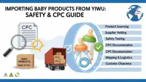Illustration of steps for importing baby products from Yiwu, including a checklist and images of shipping and safety documentation.