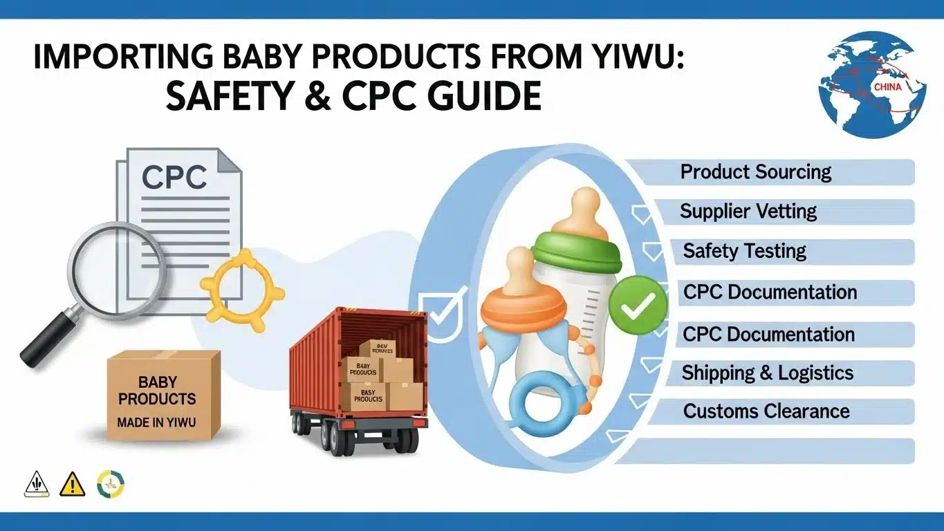 Illustration of steps for importing baby products from Yiwu, including a checklist and images of shipping and safety documentation.