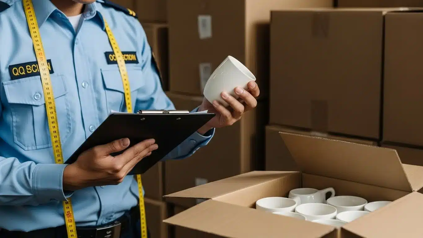 Inspector in blue uniform examining a mug and taking notes on a clipboard amidst stacked cardboard boxes.