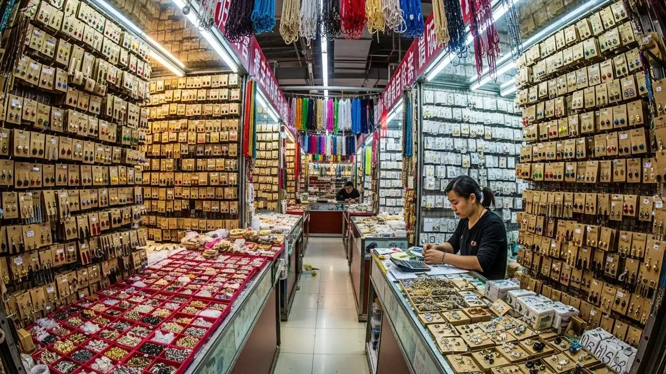 A bustling market stall showcasing a wide array of jewelry items including earrings and necklaces, neatly organized across walls and counters.