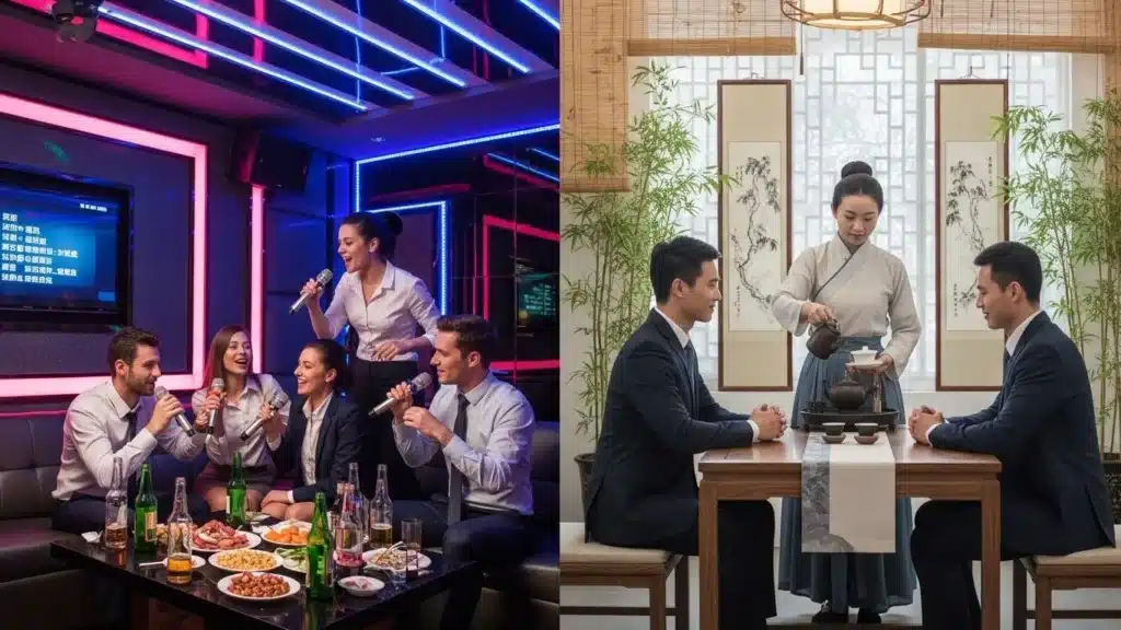 Split image showing a lively karaoke scene with neon lights and a traditional tea ceremony with elegant decor.