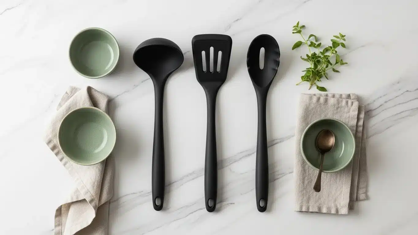 Black kitchen utensils including a ladle, spatula, and spoon lay next to green bowls and herbs on a marble countertop.