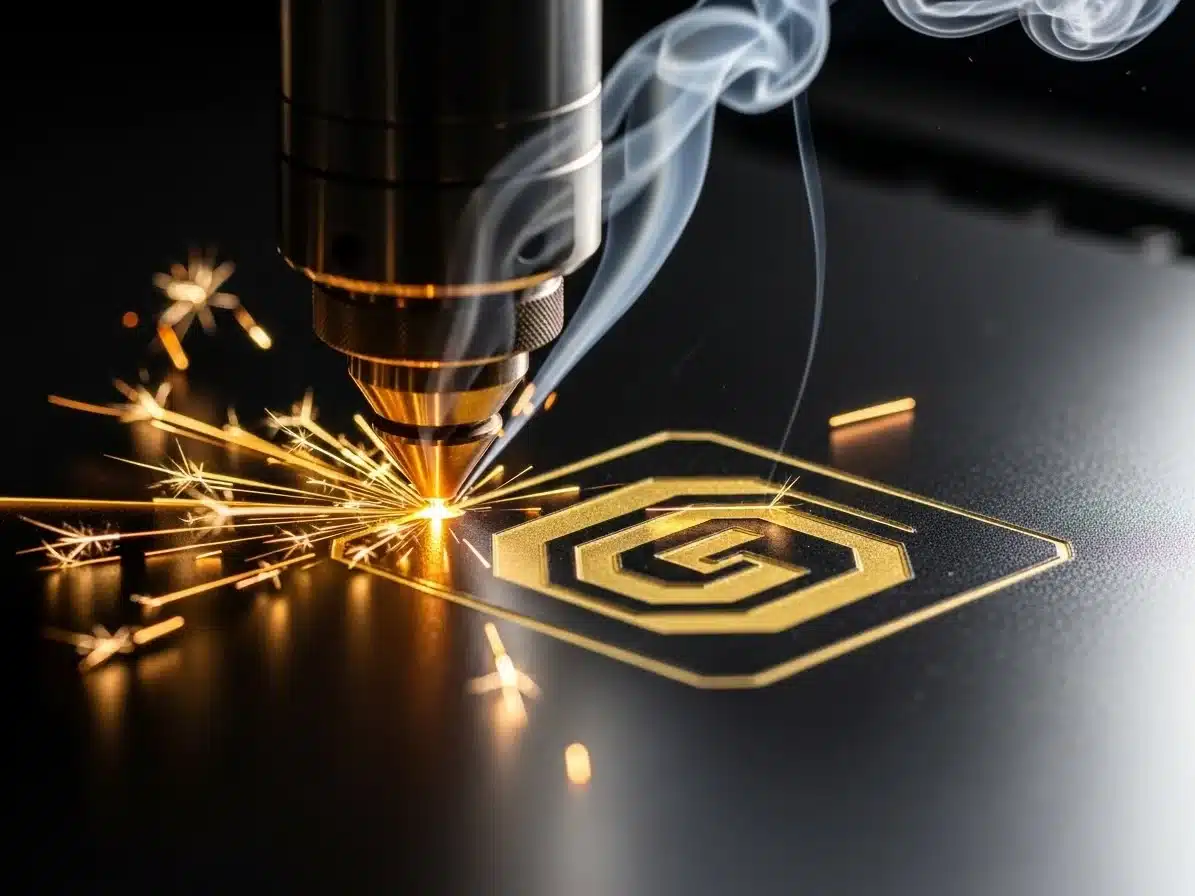 Close-up of a laser engraving machine etching a pattern on a metal surface with sparks and smoke visible.