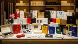 Assortment of luxury gift boxes and bags in various colors and designs on a display table in a store setting.
