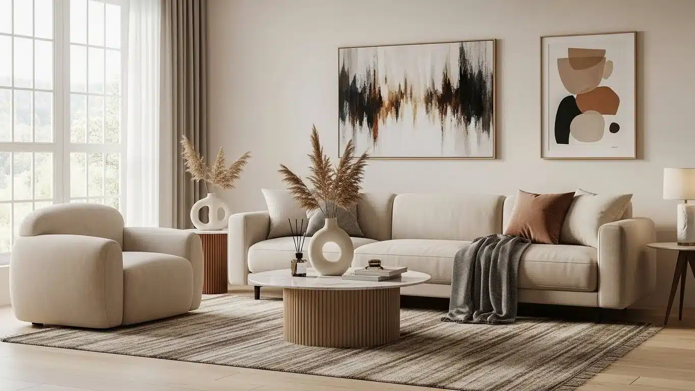 Neutral-toned living room featuring a beige sofa, armchair, abstract wall art, and a round coffee table with pampas grass in vases.
