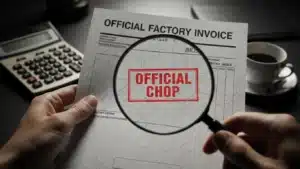 Mãos segurando uma fatura de fábrica com o carimbo 'Official Chop', vista através de uma lupa; uma calculadora em segundo plano.