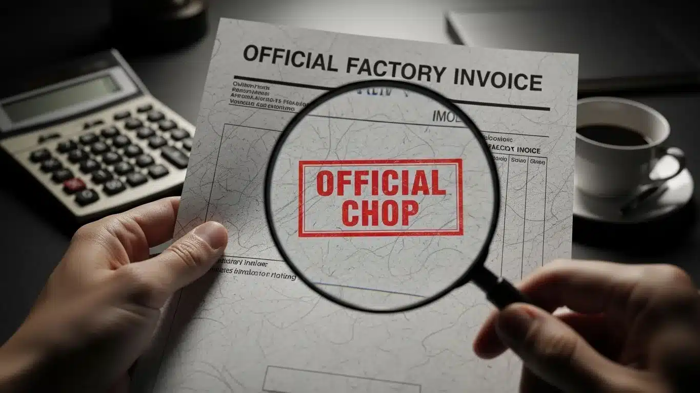 Hands holding a factory invoice with 'Official Chop' stamp, viewed through a magnifying glass; a calculator in the background.