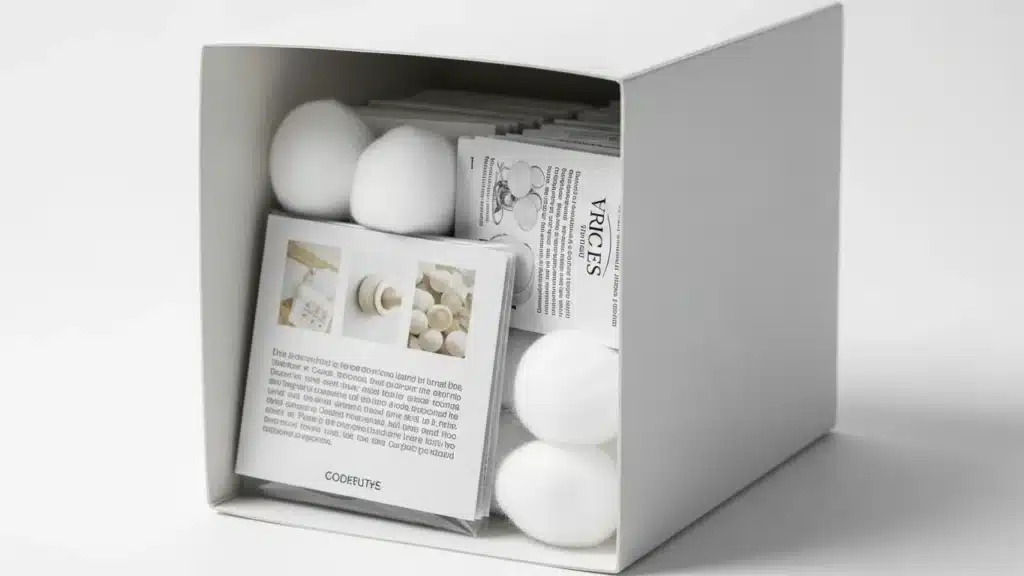 Open box displaying several white cotton balls and informational leaflets placed inside.