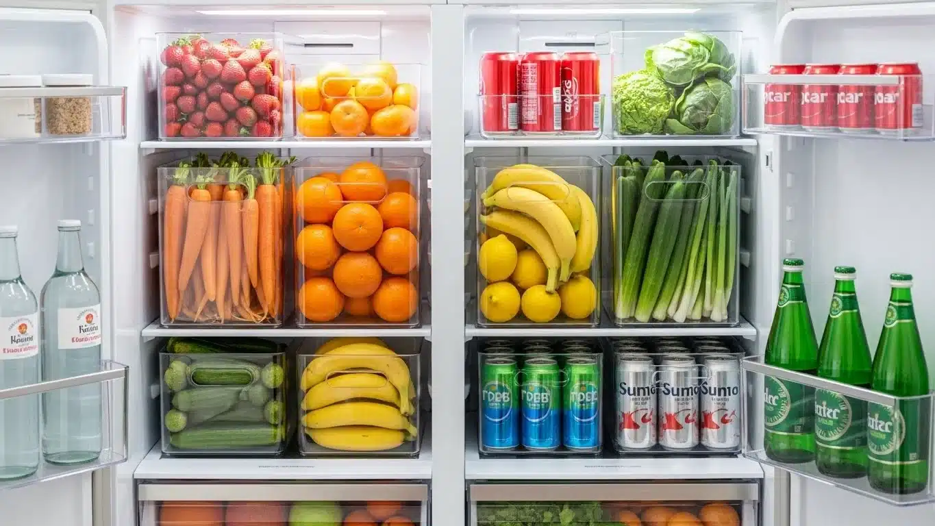 Open refrigerator showing organized arrangement of various fresh produce like strawberries, oranges, bananas, and drinks including sodas and sparkling water.