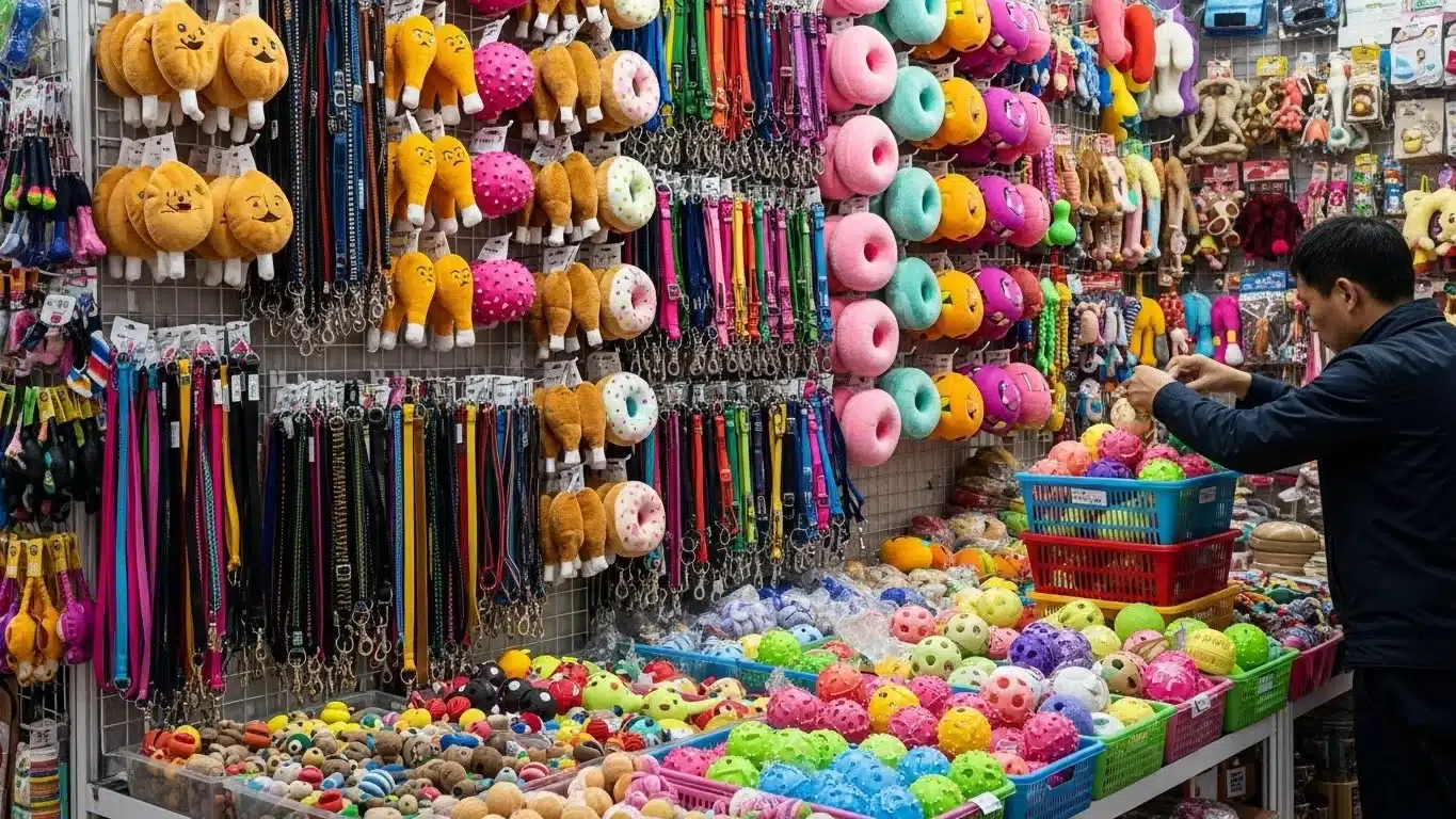 Pet store display featuring colorful dog toys, leashes, and accessories including plush toys and rubber balls.