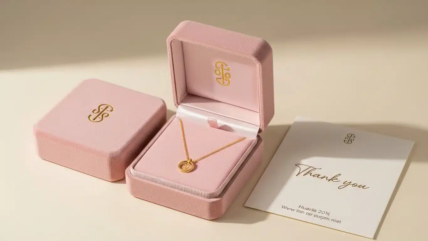 Open pink jewelry box displaying a gold necklace with circular pendant and an accompanying thank you card on a neutral surface.