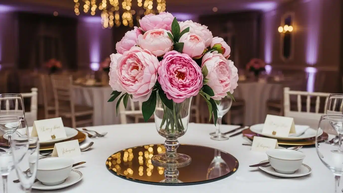 Elegant centerpiece with pink peonies in a vase on a banquet table set with white place settings and name cards.