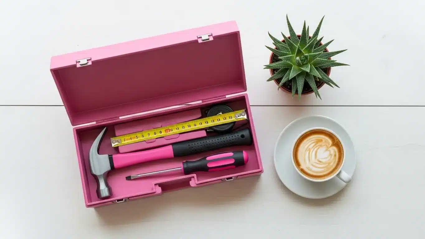 Open pink toolbox with hammer, tape measure, screwdriver next to a cup of latte and a small succulent plant on a white table.